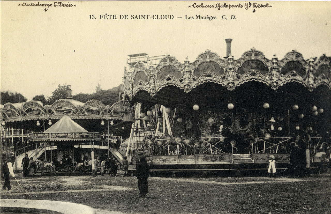 13. Fête de Saint-Cloud. Les manèges. [de gauche à droite :] autodrome E. Denis, cochons galopants Jh Lesot Sou.3.74.1 Photo