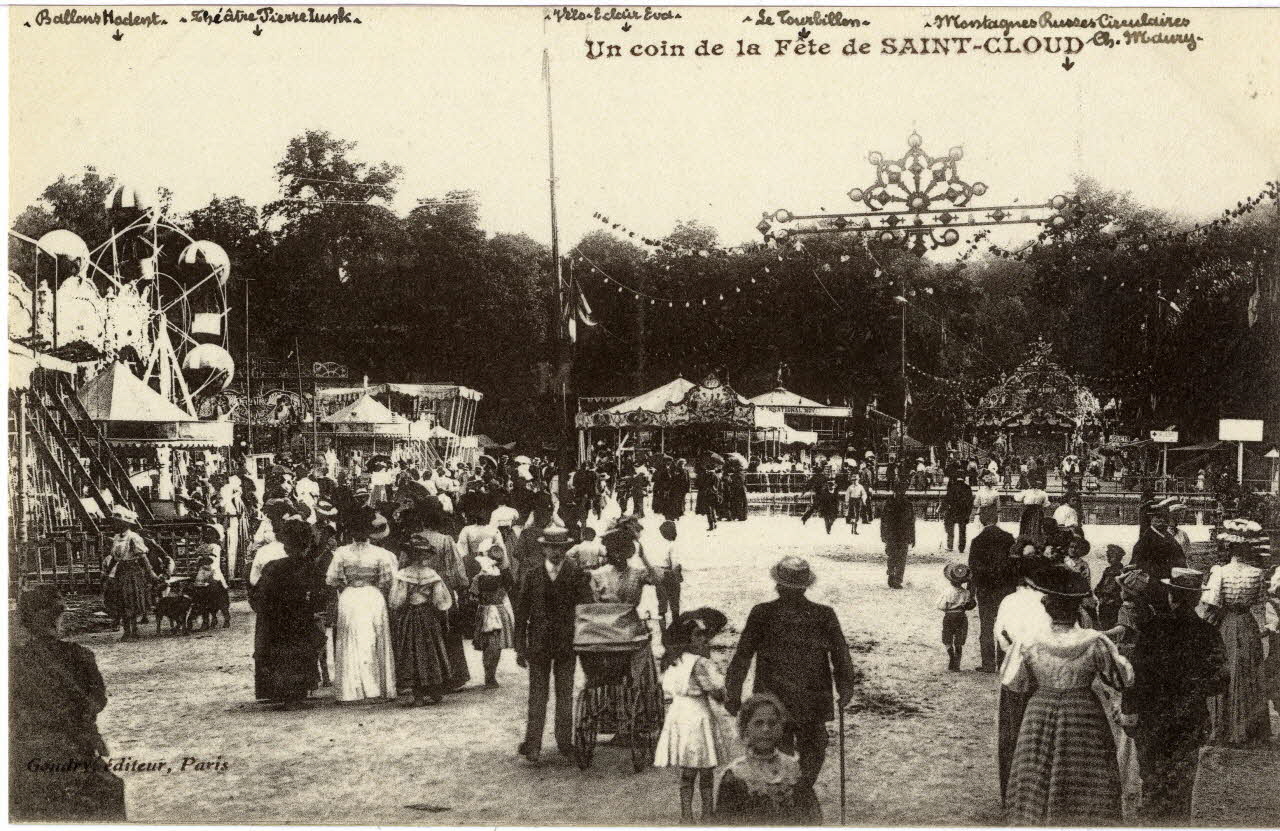 Un coin de la fête de Saint-Cloud. [de gauche à droite :] Ballons Hodent, théâtre Pierre Junk, vélos-éclair Eva, le tourbillon, montagnes russes circulaires Ch. Maury Sou.3.75.1 Photo