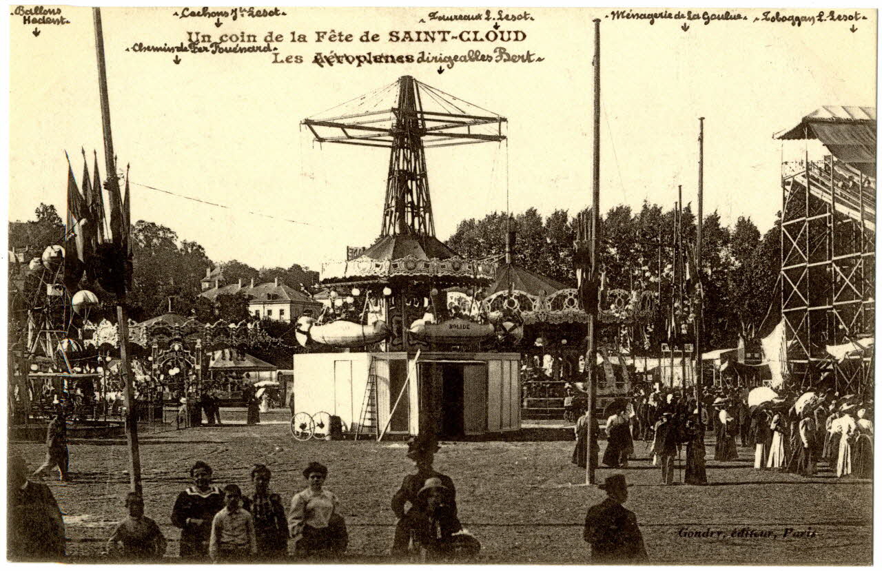 Un coin de la fête de Saint-Cloud. [de gauche à droite :] Ballons Hodent, chemins de fer Fouénard, cochons Jh Lesot, les dirigeables Bert, taureaux L. Lesot, ménagerie La Goulue, toboggan L. Lesot Sou.3.76.1 Photo