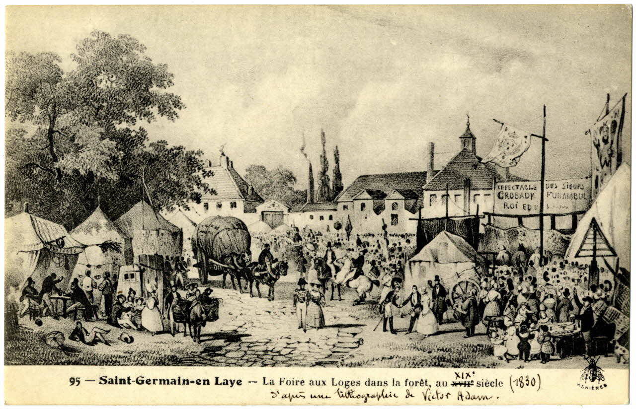 95. Saint-Germain-en-Laye. La foire aux loges dans la forêt, au XIXè siècle (1830). D'après une lithographie de Victor Adam Sou.3.78.1 Photo