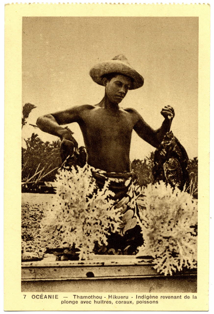 Océanie. Thamothou. Hikueru. Indigène revenant de la plonge avec huitres, coraux, poissons Sou.31.83.4 Photo