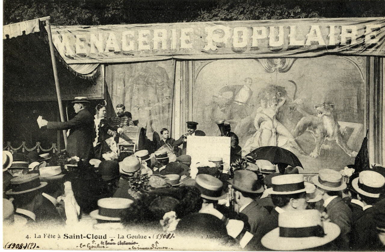 Abeille 4. La fête à Saint-Cloud. La Goulue (1908). [de gauche à droite :] La Goulue, le faux Arturio, le jeune Simon Hauts-de-Seine 1908 Sou.5.106.1 Photo