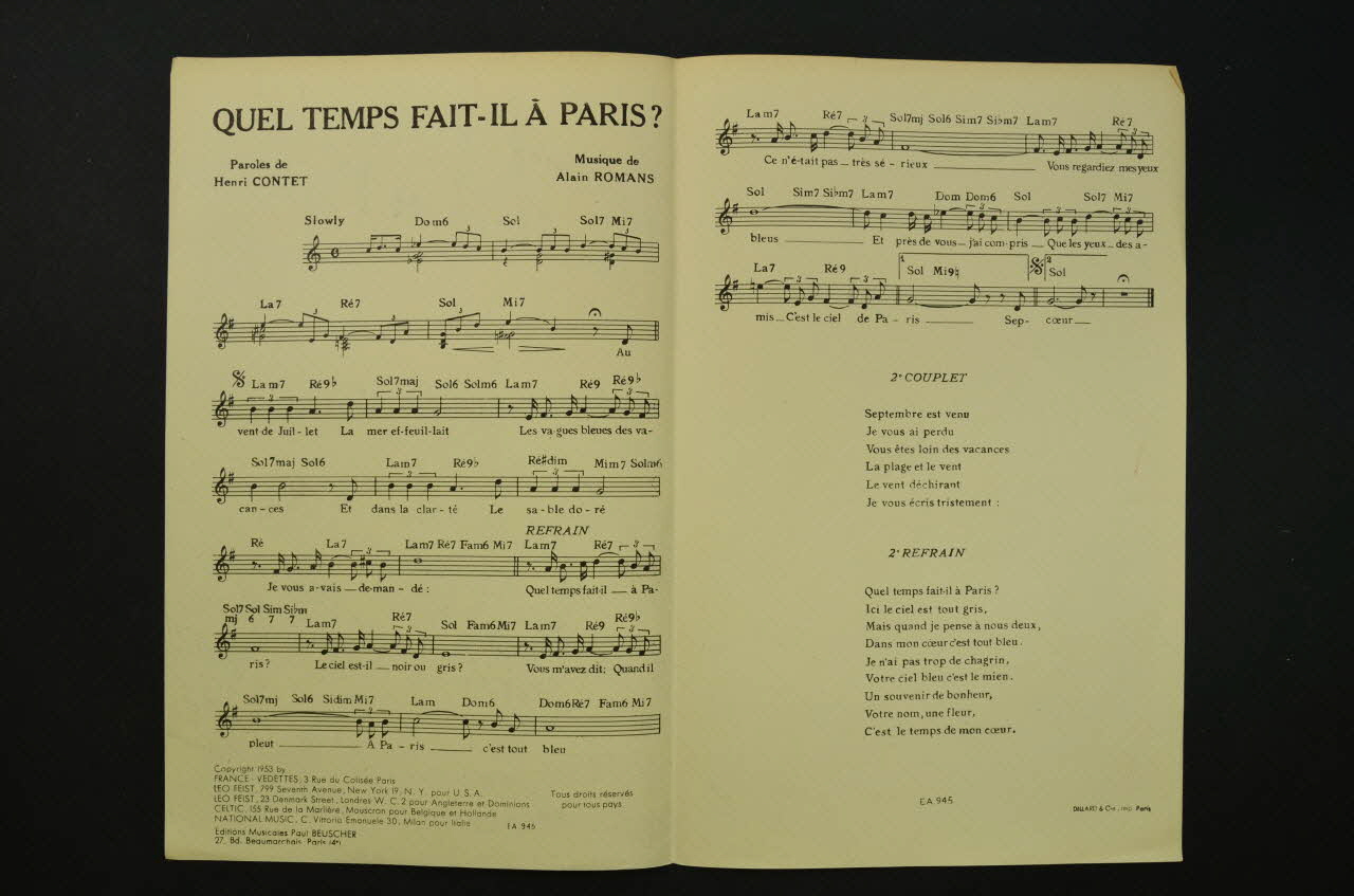 Henri Contet ; Alain Romans ; Maurice Chevalier ; Paul Beuscher, Editions chanson petit format 1953 1969.88.176 Photo Mucem