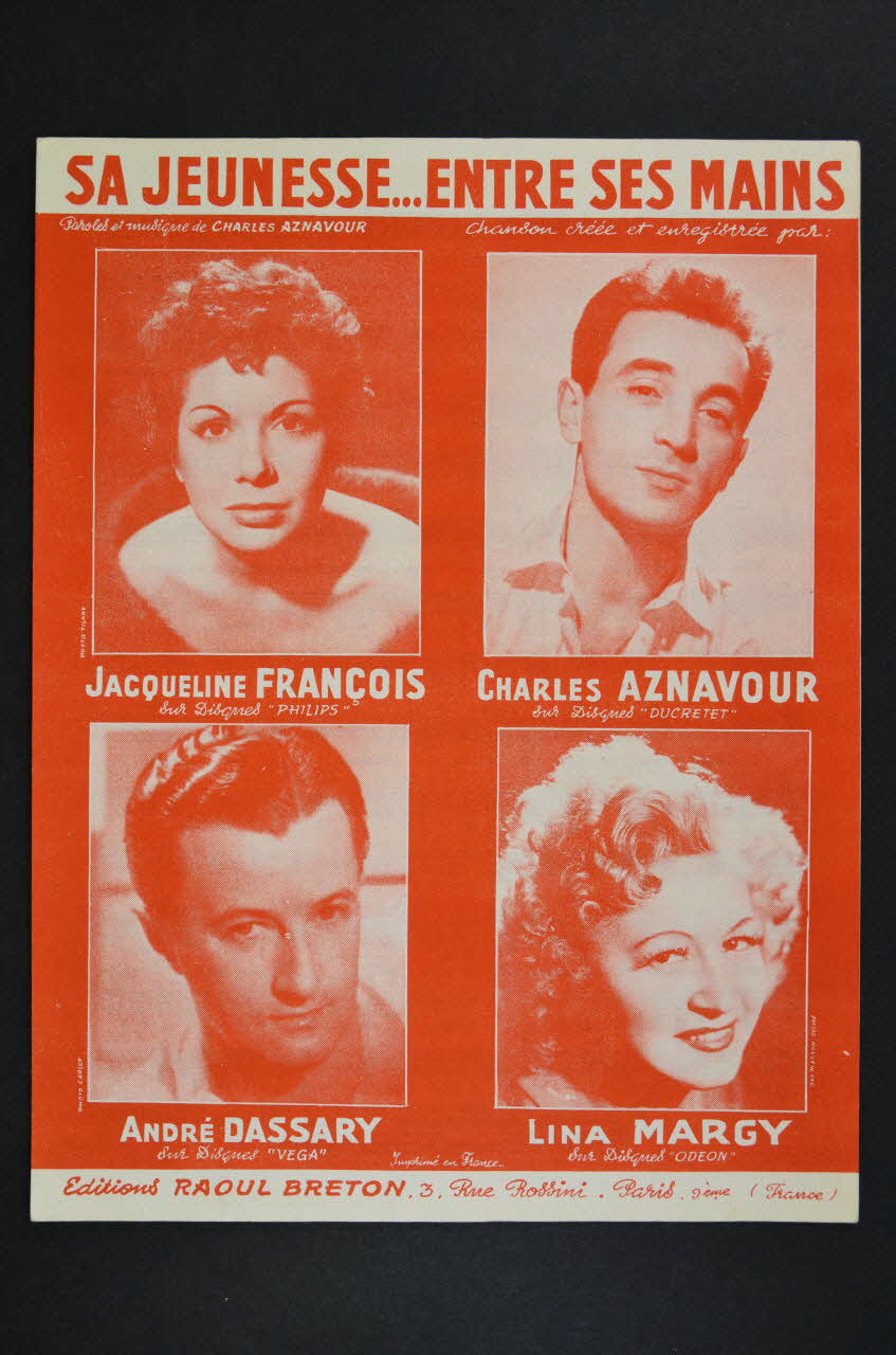 Charles Aznavour ; Jacqueline François ; André Dassary ; Lina Margy ; Raoul Breton chanson petit format 1956 1969.88.242 Photo Mucem