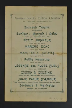 Eugène Christien ; Henri Christiné ; Harry Fragson ; Georgel ; Boucot ; Villepré ; Elvell chanson petit format 1909 1971.33.132 Photo Mucem