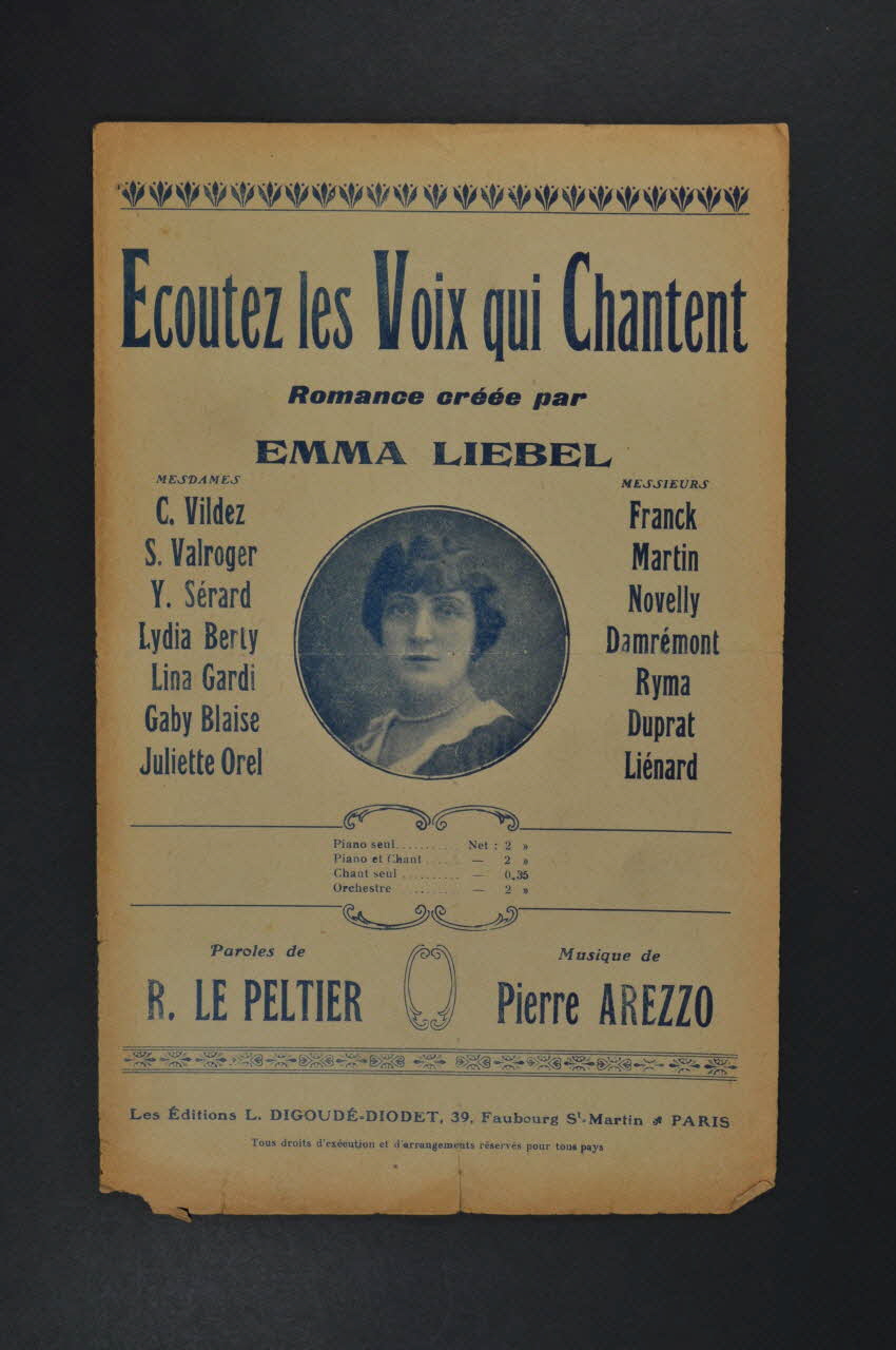 Pierre Arezzo ; Raoul Le Peltier ; Digoudé-Diodet; chanson petit format 1913 1971.33.150 Photo Mucem