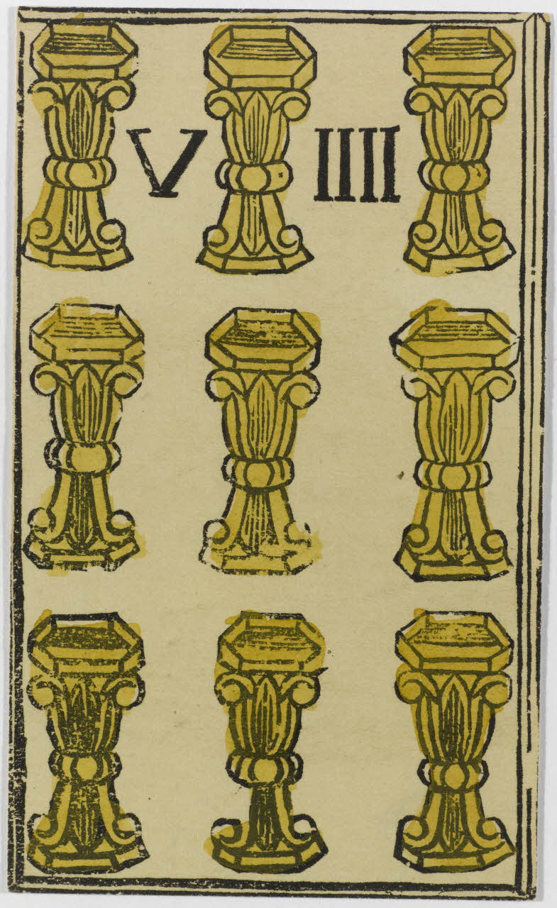 jeu de cartes (incomplet) 9 de coupe d'un jeu de cartes ordinaires non-standard 1970.141.253.27 Photo RMN-Grand Palais (Mucem)