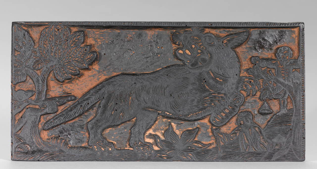 bois d'impression Décoration de calendrier : Trait héroïque de deux voyageurs qui se sont battus contre une bête féroce (Gévaudan) 1831 1954.18.81 Photo RMN-Grand Palais (Mucem)