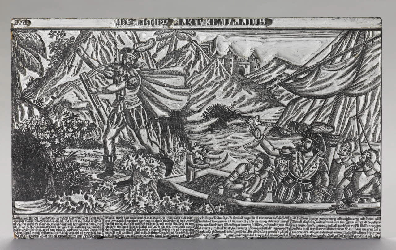 Bourlay, Charles, Clerc, J.P. bois d'impression Guillaume Tell  sautant  d'une barque avec arbalète Belfort 1830-1860 1990.26.13 Photo RMN-Grand Palais (Mucem)