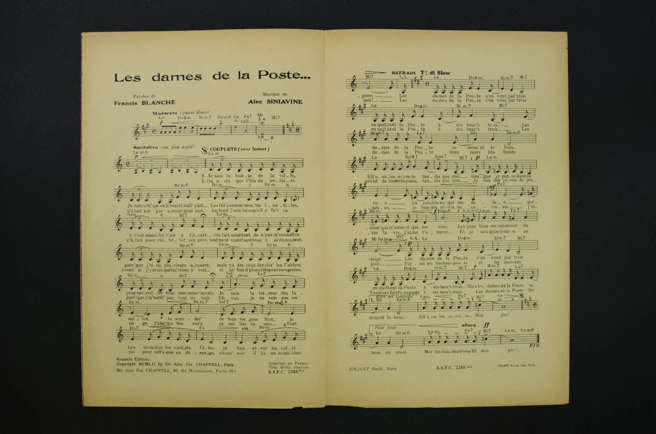 Francis Blanche ; Alec Siniavine ; Juliette Gréco ; Chappell S.A.; chanson petit format 1952 1969.88.404 Photo Mucem