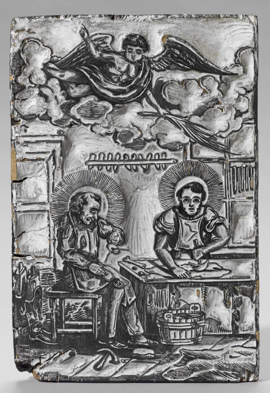 bois d'impression Saint Crépin et saint Crépinien dans leur atelier de cordonnier 1990.26.61 Photo RMN-Grand Palais (Mucem)