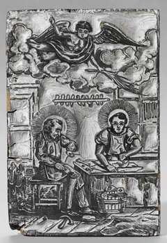 bois d'impression Saint Crépin et saint Crépinien dans leur atelier de cordonnier 1990.26.61  Photo RMN-Grand Palais (Mucem)