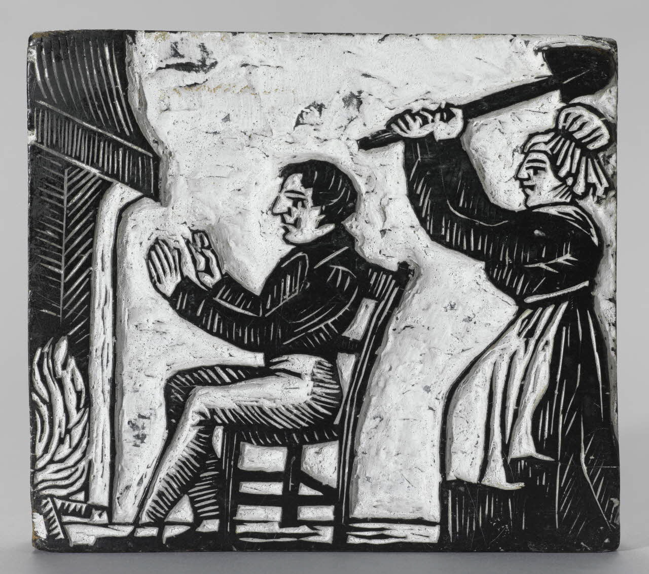 bois d'impression Femme s'apprêtant à assommer un homme assis 1990.26.69 Photo RMN-Grand Palais (Mucem)/ Franck Raux