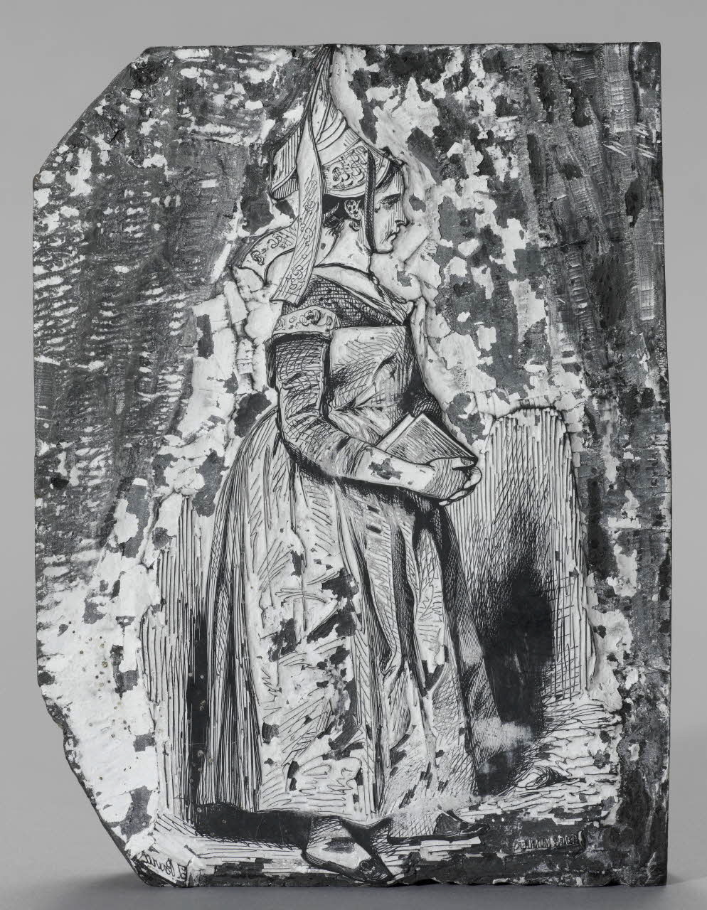 bois d'impression Femme du pays de Caux tenant un livre 1990.26.73 Photo RMN-Grand Palais (Mucem)