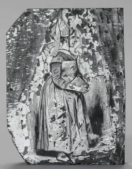 bois d'impression Femme du pays de Caux tenant un livre 1990.26.73 Photo RMN-Grand Palais (Mucem)