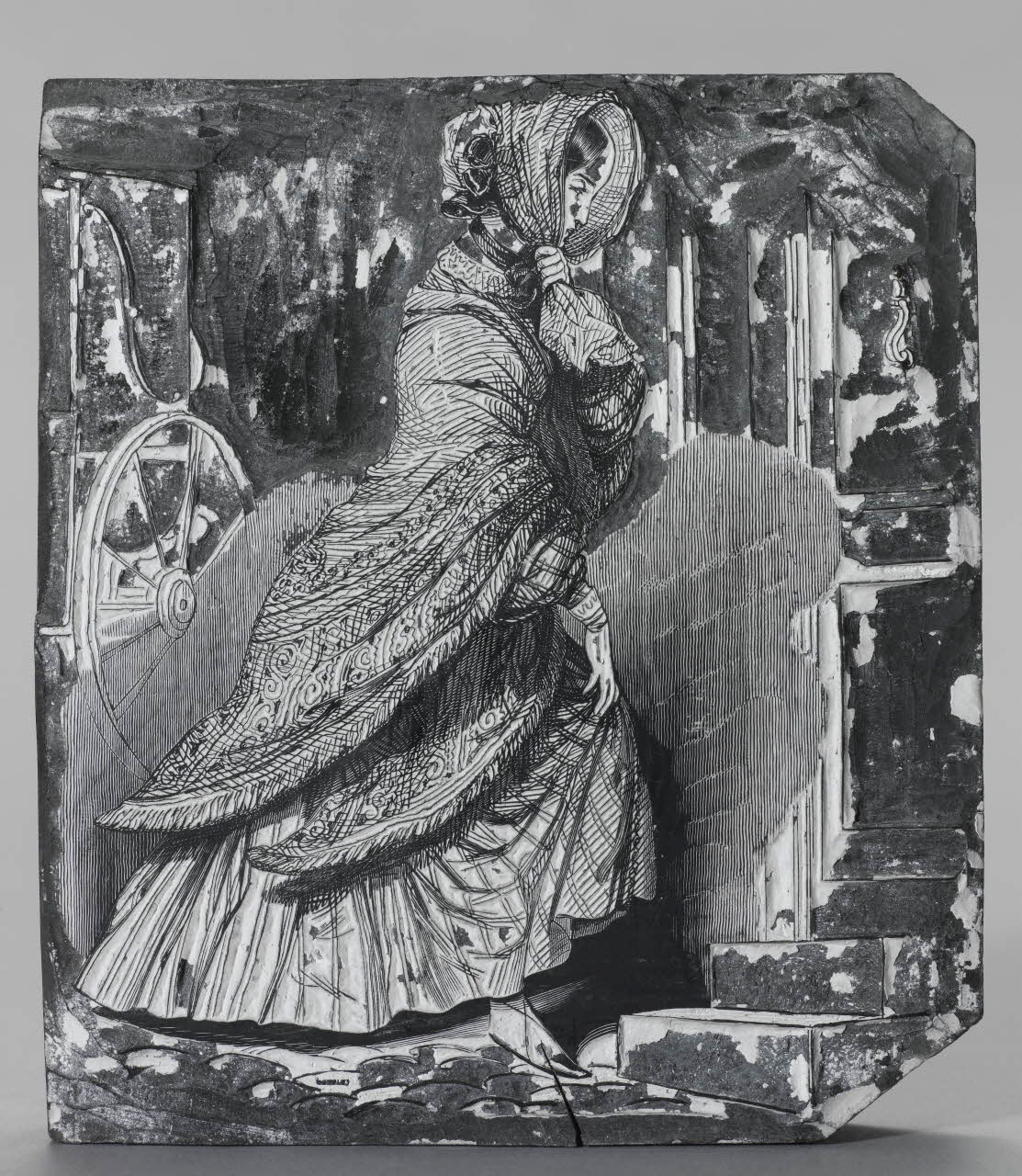 bois d'impression femme en capeline s'apprêtrant à gravir un escalier 1990.26.74 Photo RMN-Grand Palais (Mucem)