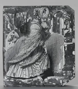 bois d'impression femme en capeline s'apprêtrant à gravir un escalier 1990.26.74 Photo RMN-Grand Palais (Mucem)
