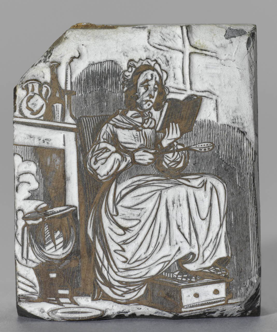 bois d'impression Portrait caricatural d'une femme en train de lire dos à une cheminée 1990.26.76 Photo RMN-Grand Palais (Mucem)