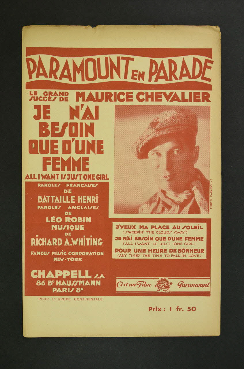 Leo Robin ; Richard A. Whiting ; Jacques Bataille-Henri ; Maurice Chevalier ; Chappell S.A.; chanson petit format 1930 1969.88.490 Photo Mucem