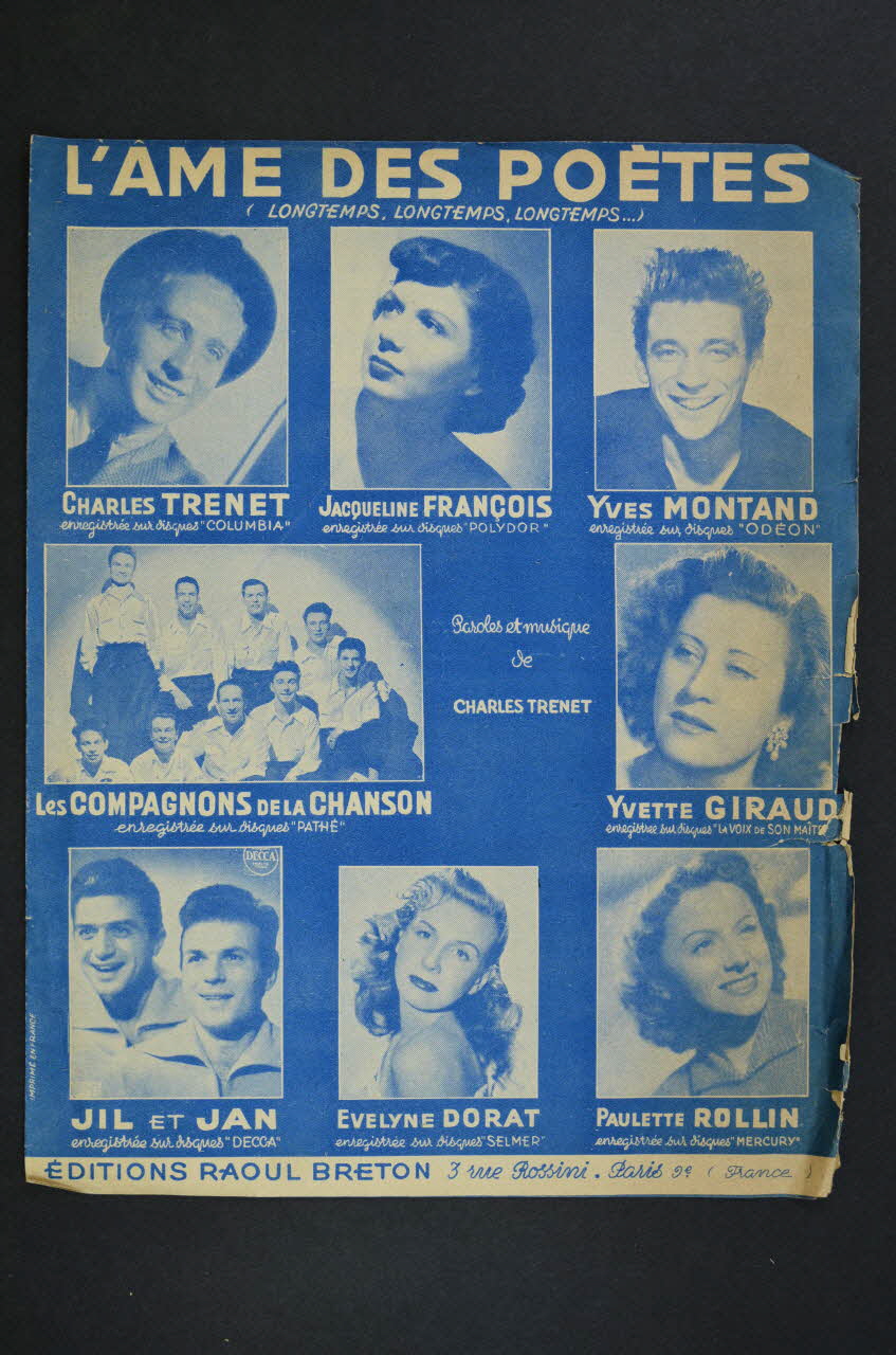 Charles Trénet ; Yves Montand ; Les Compagnons De La Chanson ; Jacqueline François ; Yvette Giraud ; Raoul Breton chanson petit format 1951 1971.33.334 Photo Mucem