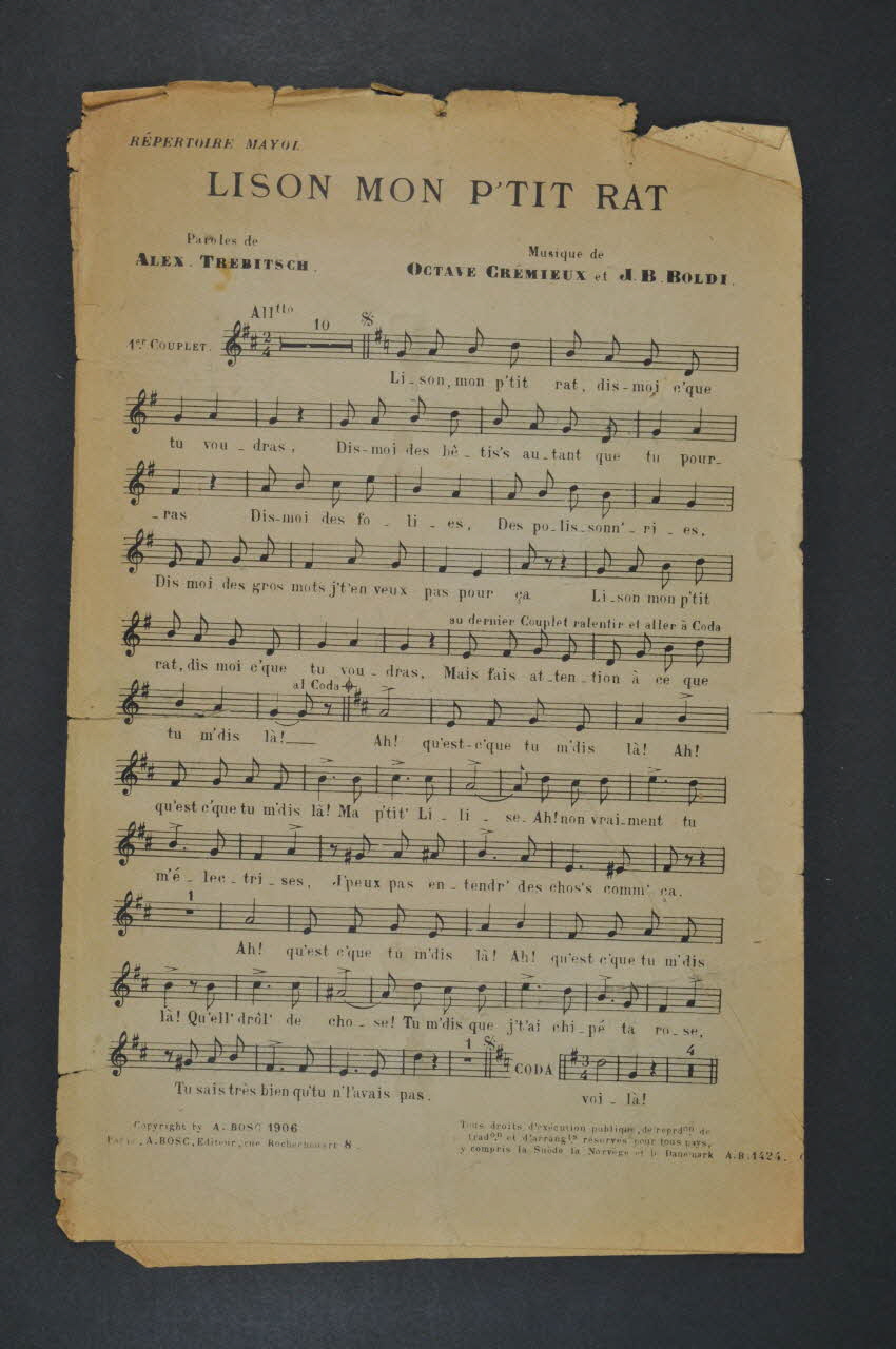 Octave Crémieux ; Alexandre Trébitsch ; J-B. Boldi ; Auguste Bosc chanson petit format 1906 1971.33.356 Photo Mucem