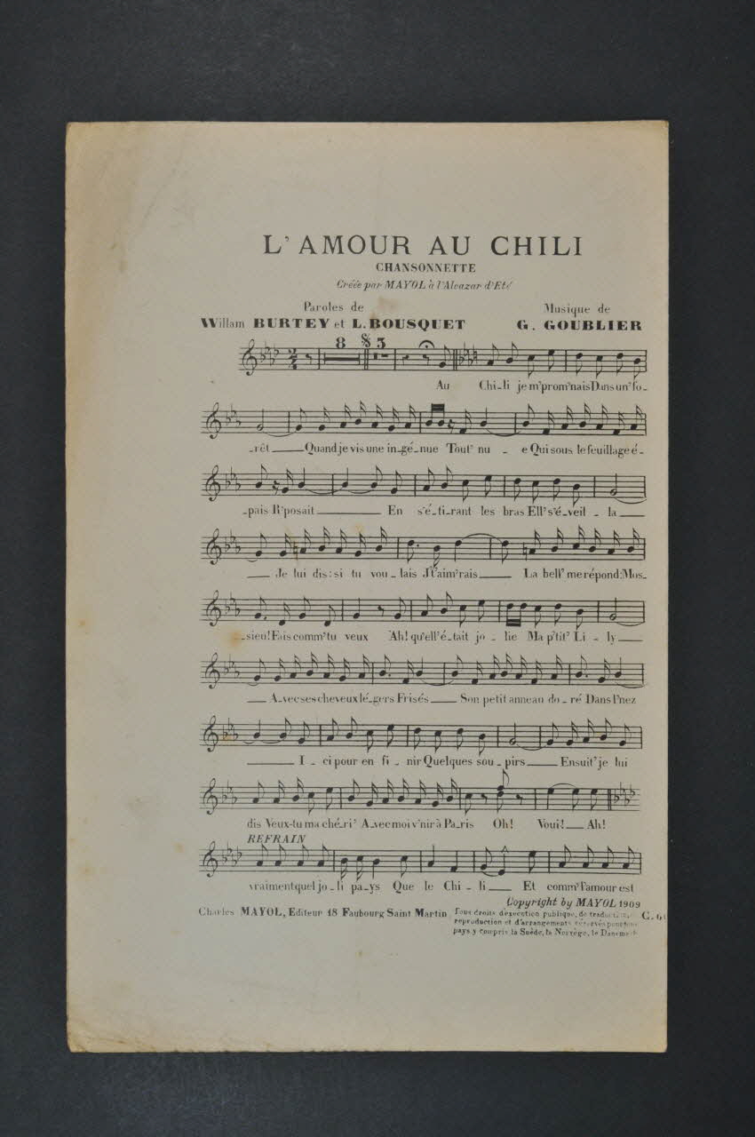 Louis Bousquet ; William Burtey ; Gustave Goublier ; Félix Mayol ; Charles Mayol chanson petit format 1909 1971.33.373 Photo Mucem