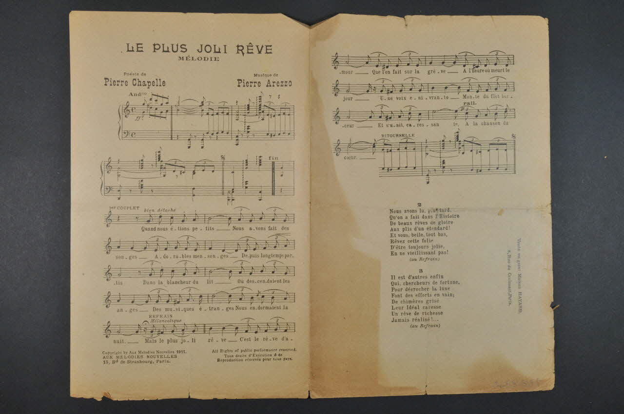 Pierre Arezzo ; Pierre Chapelle ; Aux Mélodies Nouvelles chanson petit format 1911 1971.33.388 Photo Mucem