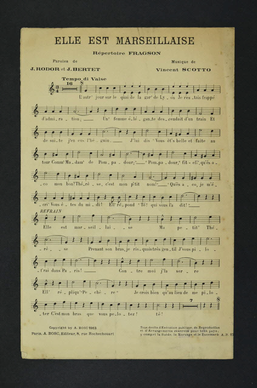 J. Bertet ; Jean Rodor ; Vincent Scotto ; Auguste Bosc chanson petit format 1913 1971.33.414 Photo Mucem