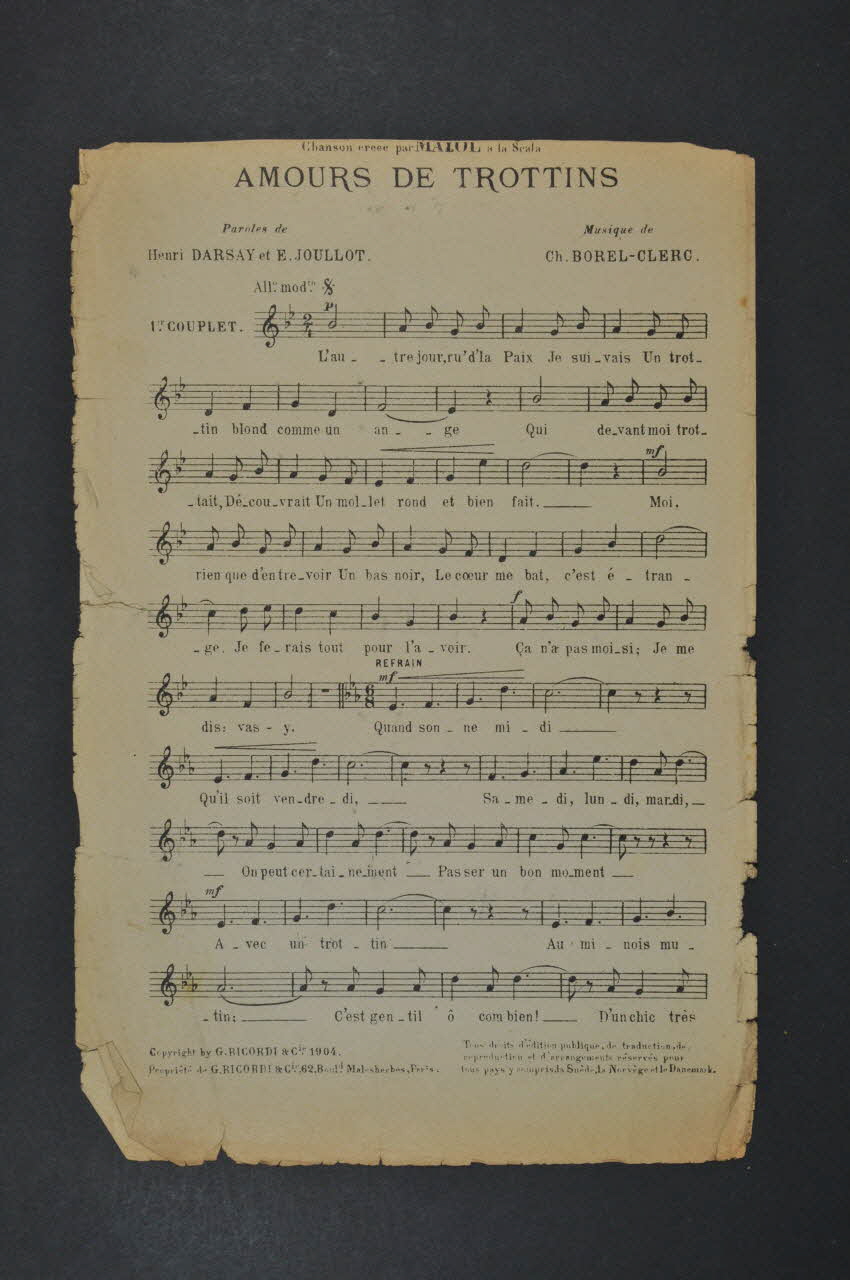 Henri Darsay ; Eugène Joullot ; Charles Borel-Clerc ; Félix Mayol ; Ricordi Et Cie; chanson petit format 1906 1971.33.416 Photo Mucem