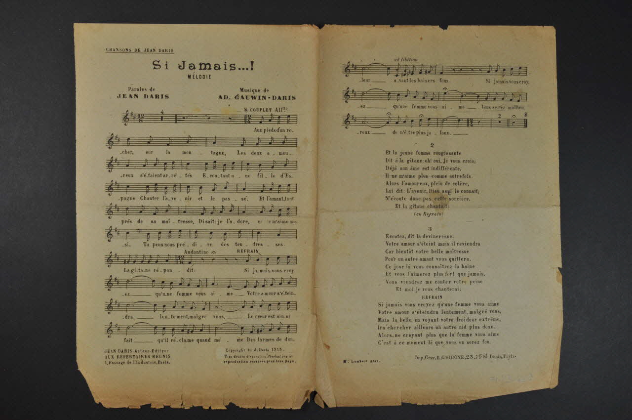 Ad. Gauwin ; Jean Daris chanson petit format 1913 1971.33.440 Photo Mucem