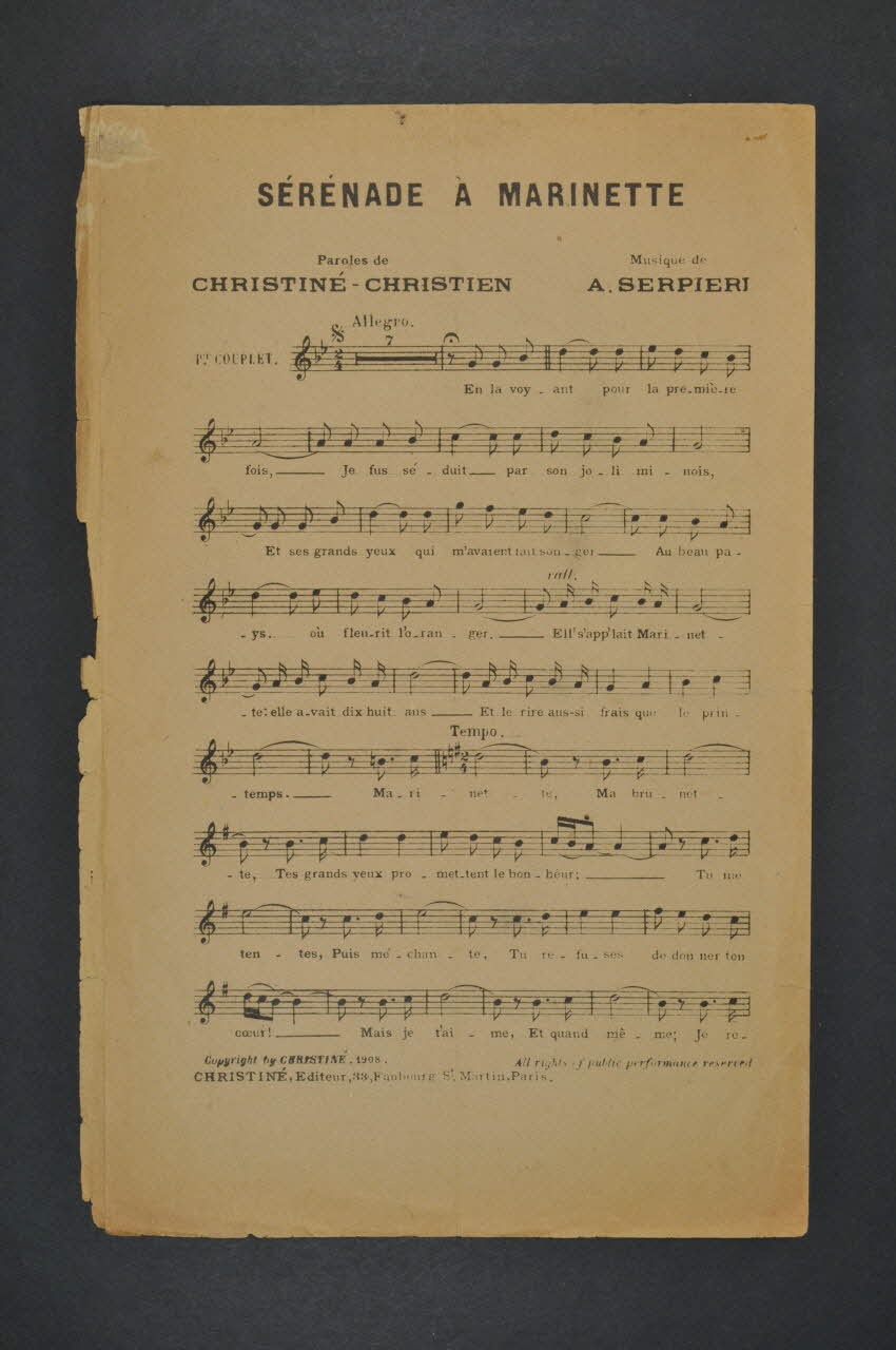 Christien ; Henri Christiné ; Attilio Serpieri partition de musique petit format 1908 1971.33.458 Photo Mucem