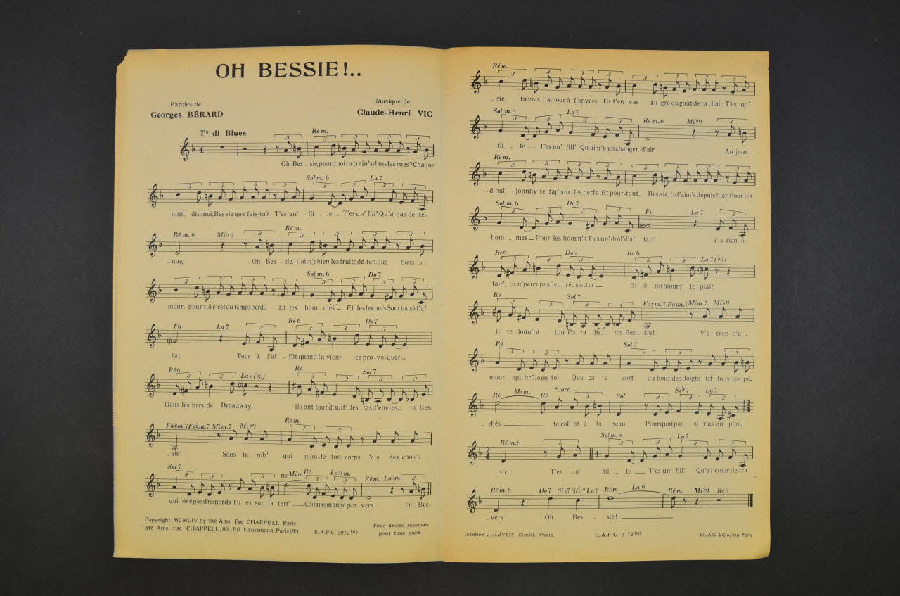 Georges Bérard ; Claude-Henri Vic ; Raymond Legrand ; Marjane ; Chappell S.A.; chanson petit format 1954 1969.88.582 Photo Mucem