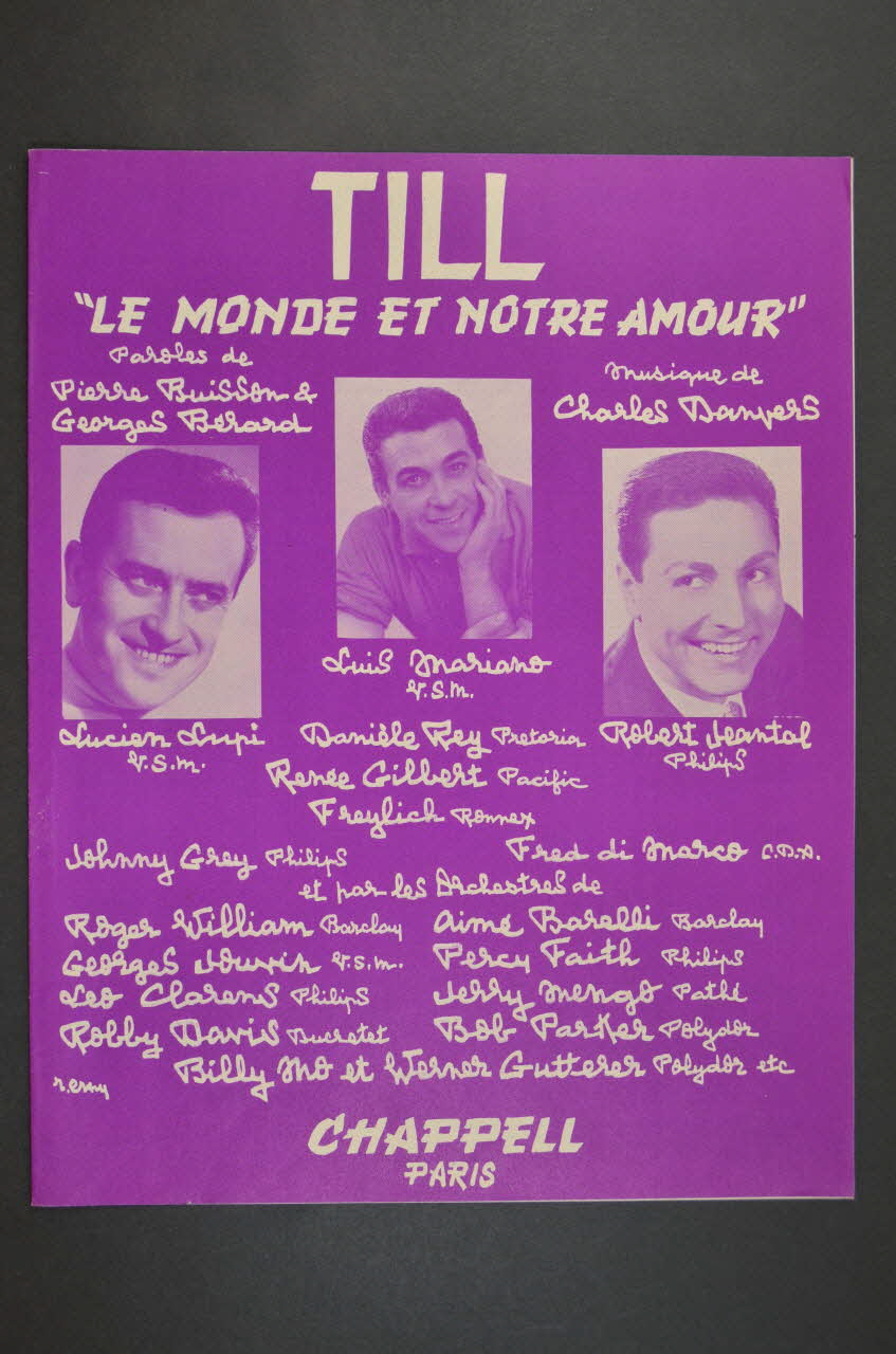 Carl Sigman ; Charles Danvers ; Pierre Buisson ; Georges Bérard ; Lucien Lupi ; Luis Mariano ; Robert Jeantal ; Chappell S.A.; chanson petit format 1957 1969.88.677 Photo Mucem
