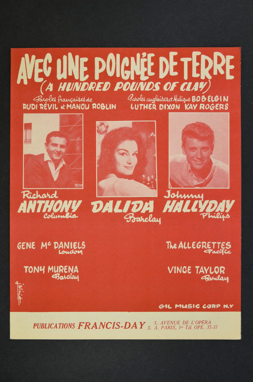Manou Roblin ; Rudi Révil ; Bob Elia ; Kay Rogers ; Luther Dixon ; Richard Anthony ; Dalida ; Johnny Hallyday ; Gene Mcdaniels ; Francis-Day; chanson petit format 1961 1969.88.811 Photo Mucem