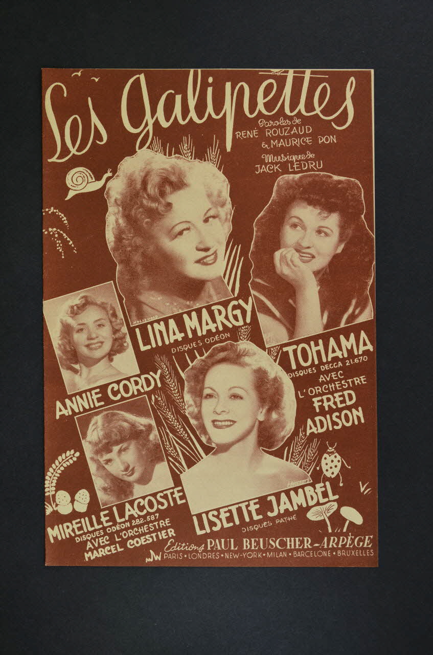 René Rouzaud ; Jack Ledru ; Maurice Pon ; Lina Margy ; Annie Cordy ; Tohama ; Mireille Lacoste ; Lisette Jambel ; Paul Beuscher, Editions chanson petit format 1951 1969.88.87 Photo Mucem