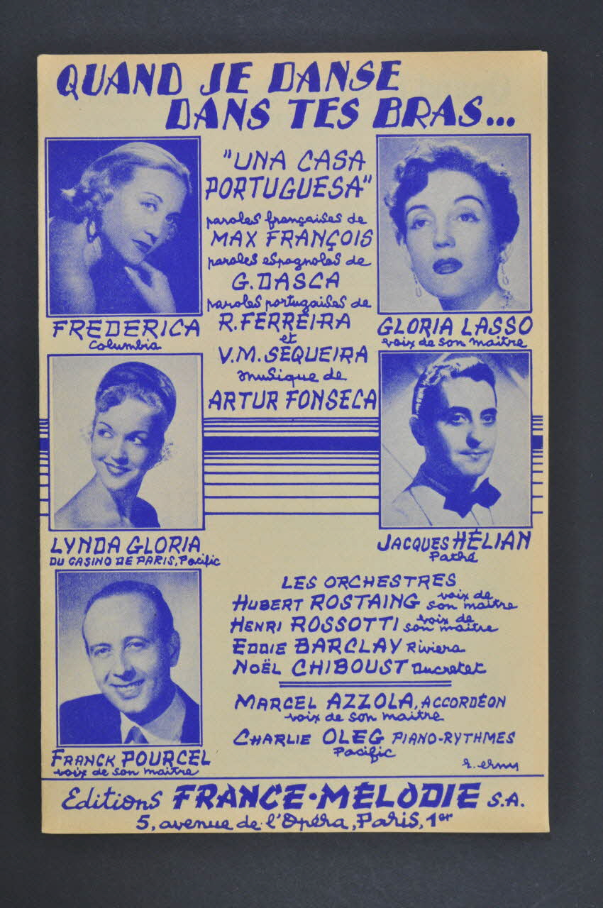 D. Dasca ; Artur Fonseca ; Reinaldo Ferreira ; Max François ; V.M. Sequeira ; Frederica ; Gloria Lasso ; Linda Gloria ; Jacques Hélian ; Franck Pourcel ; France-Mélodie chanson petit format 1953 1969.88.976 Photo Mucem