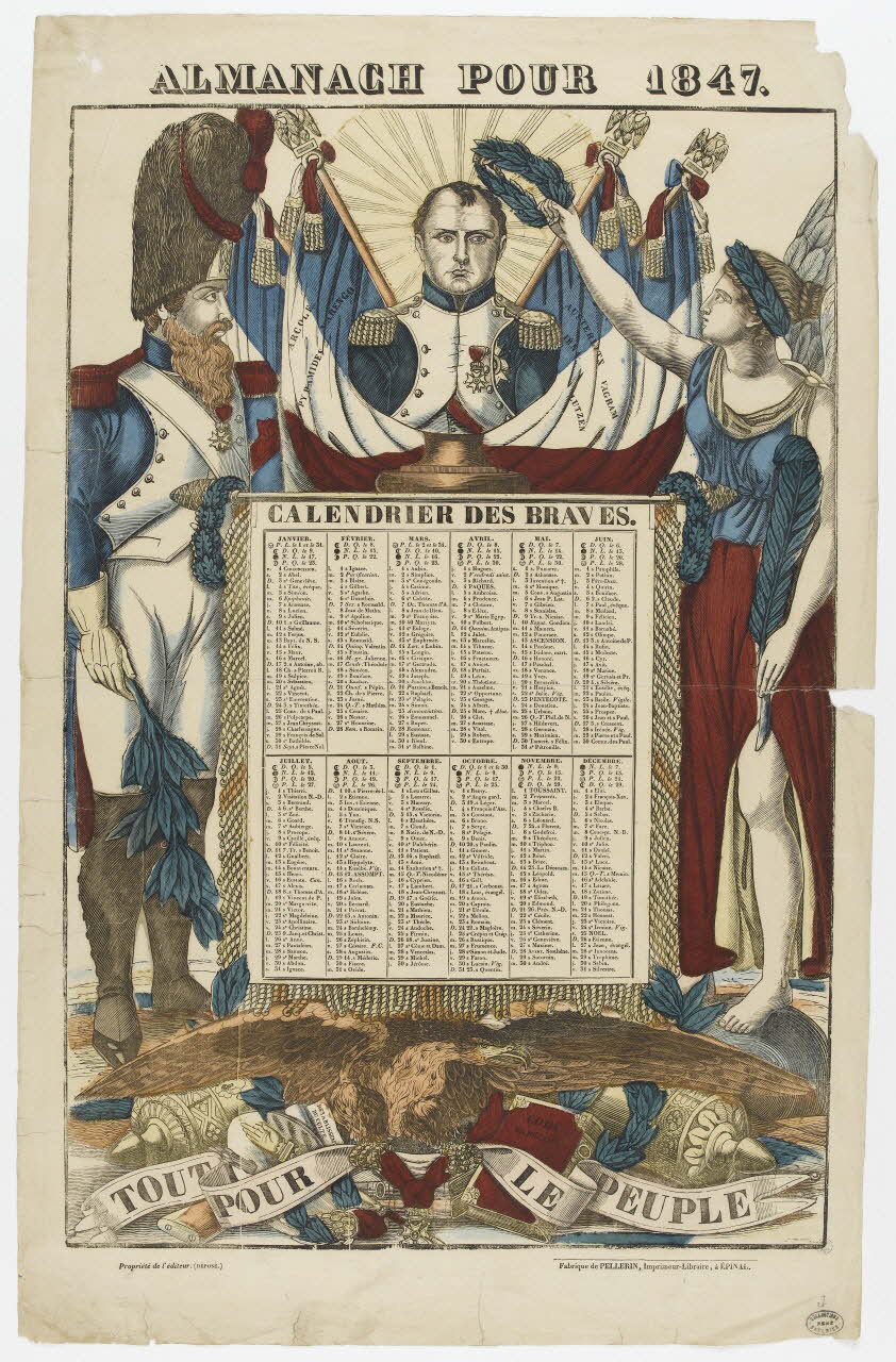 Pellerin calendrier ALMANACH POUR 1847. CALENDRIER DES BRAVES. Lorraine, France 1846 1950.39.787 Photo PHOTO RMN - THIERRY LE MAGE