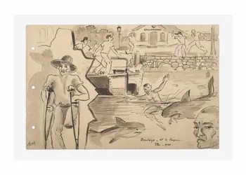 Francis Lagrange partie d'un ensemble de dessins Boulaye - et le Requin -  Iles - 1928. Guyane, France 1926-1930 2001.42.1 Photo Mucem / Yves Inchierman