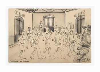 Francis Lagrange partie d'un ensemble de dessins mains derriere le dos - silence  la Ronde des Punis Guyane, France 1947 2001.42.7 Photo Mucem/ Yves Inchierman