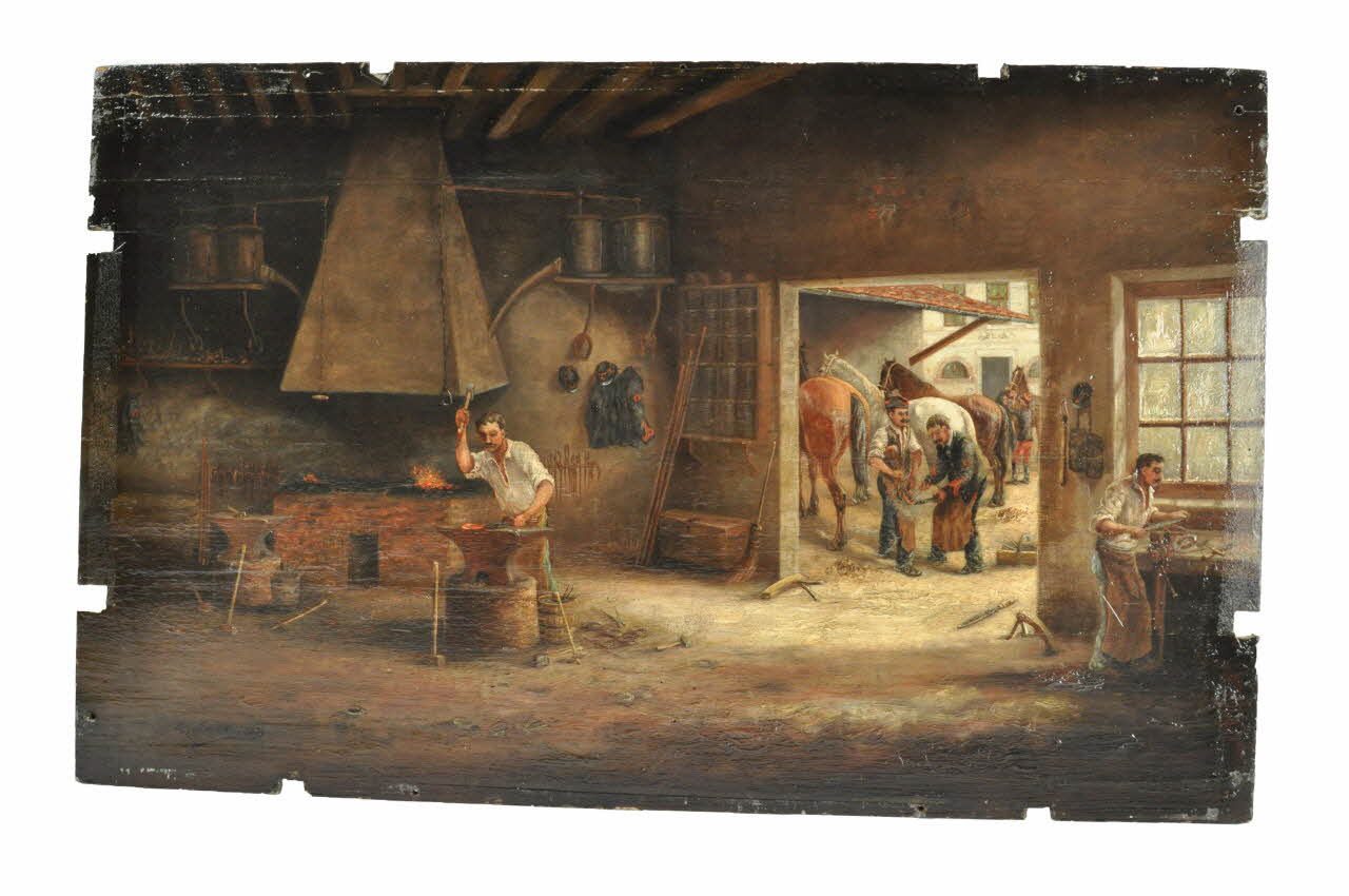 Pierre Moinot tableau Atelier de maréchal-ferrant Ile-de-France, France 1899 1975.89.1.1-2 Photo Mucem