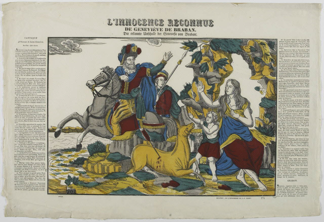 Boulay , Charles ; Jean-Pierre Clerc imagerie ancienne L'INNOCENCE RECONNUE  DE GENEVIEVE DE BRABAN. Belfort 1830 1951.30.5 Photo RMN-Grand Palais (Mucem)