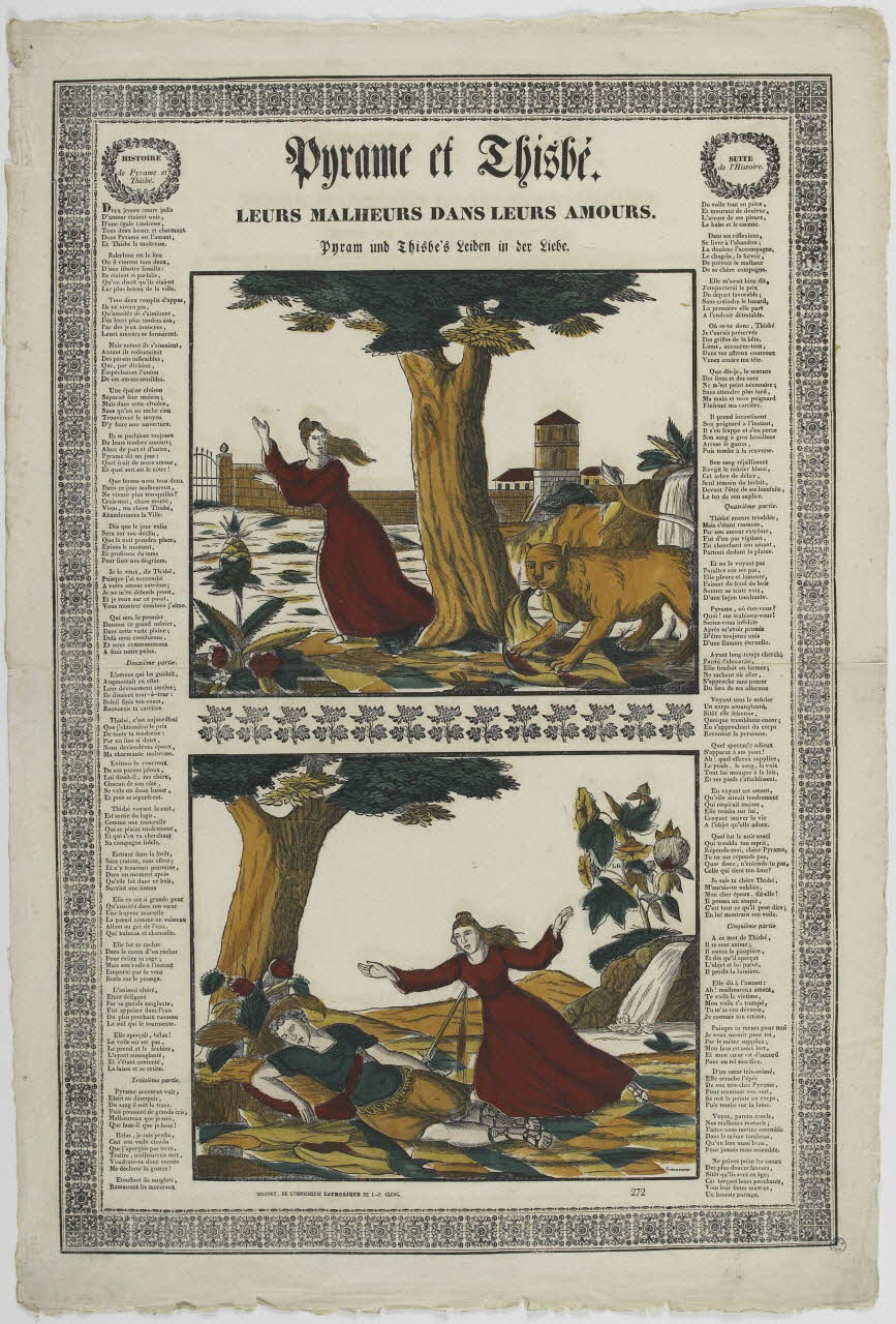 Gondelfinger Louis ; Jean-Pierre Clerc imagerie ancienne Pyrame et Thisbé.  LEURS MALHEURS DANS LEURS AMOURS. Belfort 1833-1842 1965.75.43 Photo RMN-Grand Palais (Mucem)