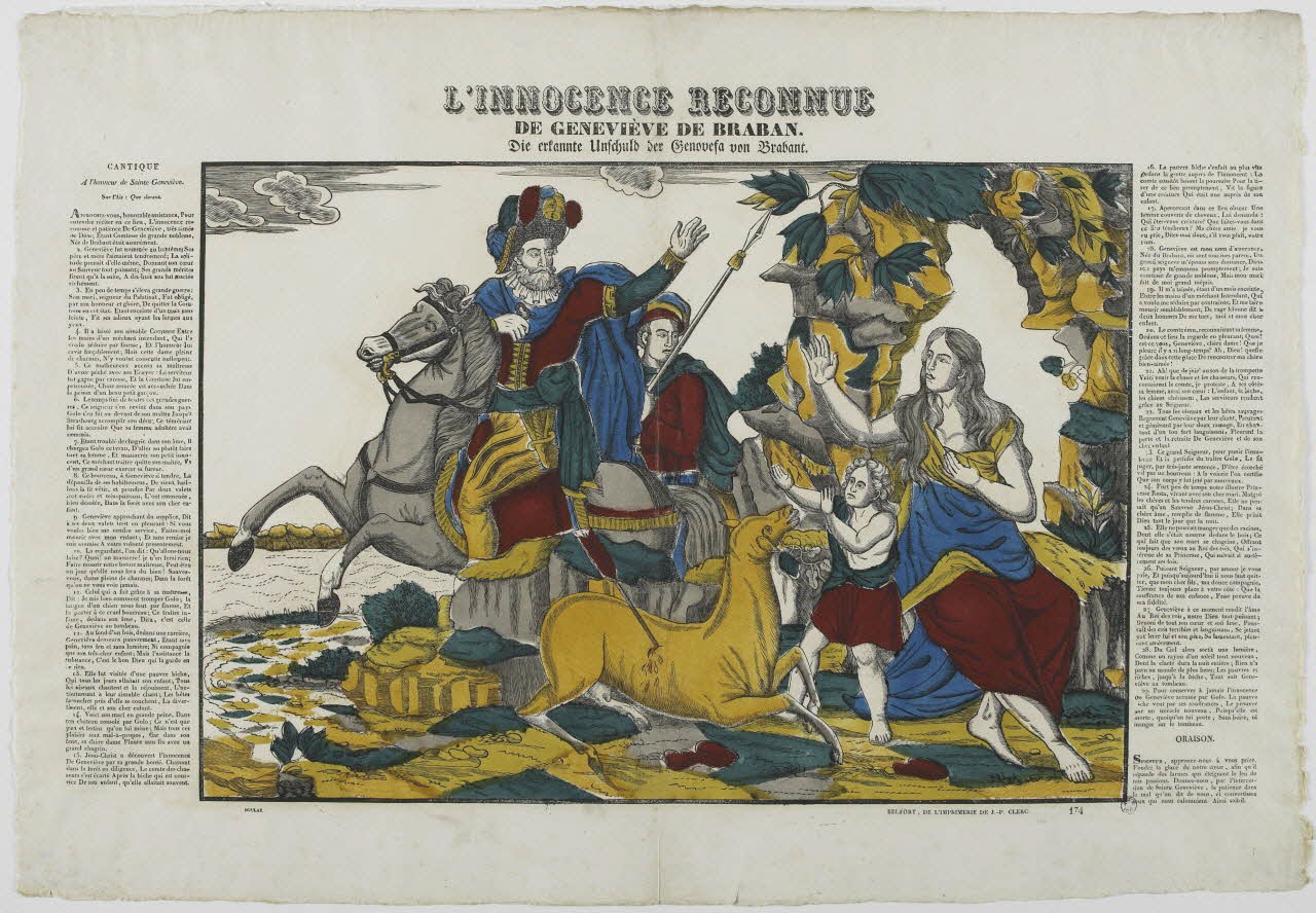 Boulay , Charles ; Jean-Pierre Clerc imagerie ancienne L'INNOCENCE RECONNUE  DE GENEVIEVE DE BRABAN. Belfort 1830 1965.75.44 Photo RMN-Grand Palais (Mucem)