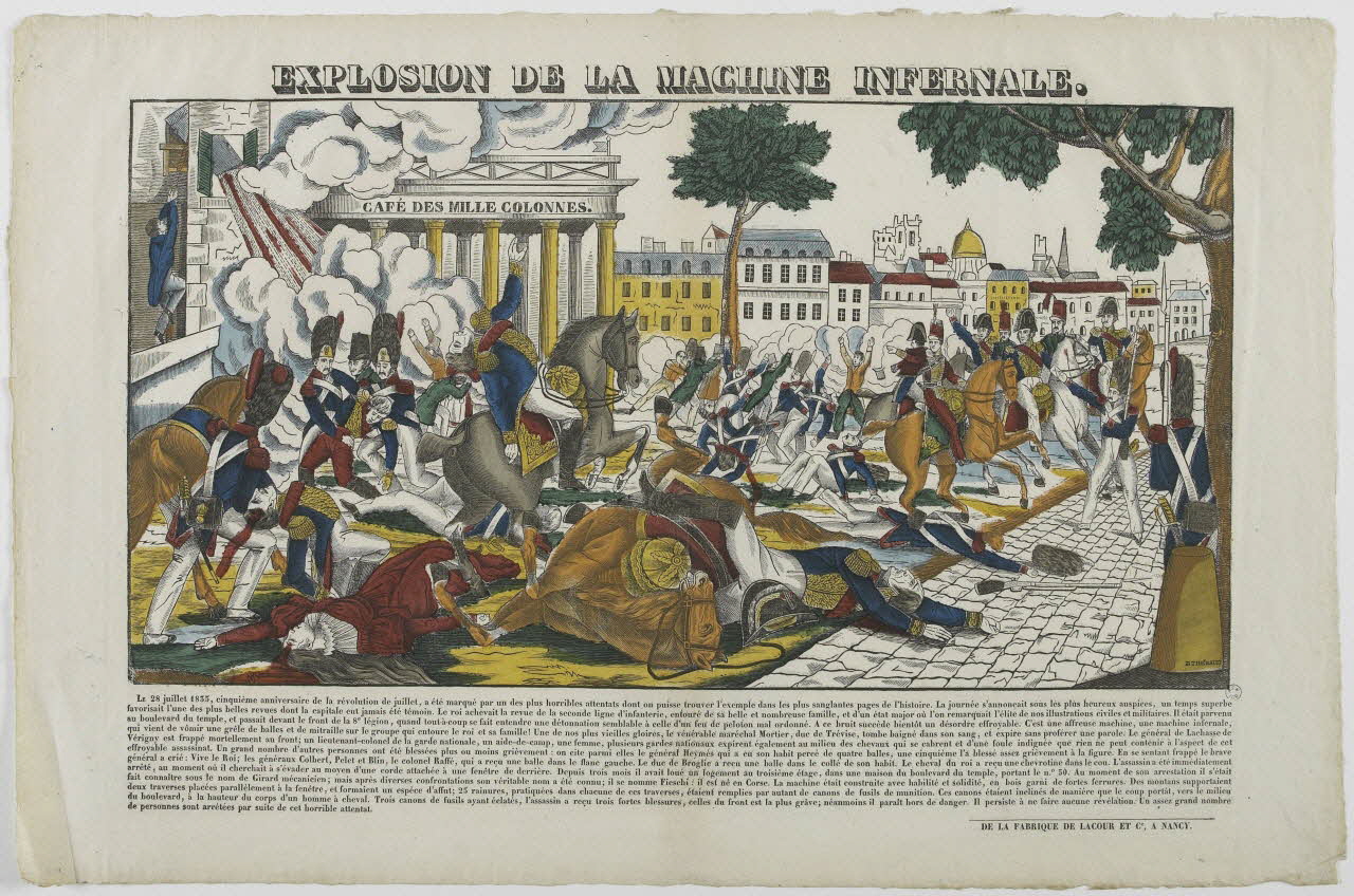 Jean-Baptiste Thiébault ; Hubert Jacques-Prosper-Stanislas,  Lacour Prosper (dit imagerie ancienne EXPLOSION DE LA MACHINE INFERNALE. Lorraine, France 1835 1965.75.752 Photo RMN-Grand Palais (Mucem)