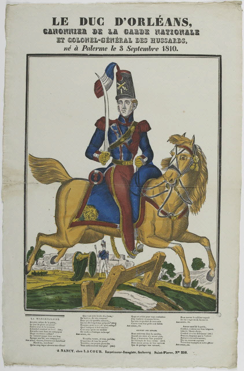 imagerie ancienne LE DUC D'ORLEANS,  CANONNIER DE LA GARDE NATIONALE  ET COLONEL-GENERAL DES HUSSARDS,  Né à Palerme le 3 Septembre 1810. 1965.75.750 Photo RMN-Grand Palais (Mucem)