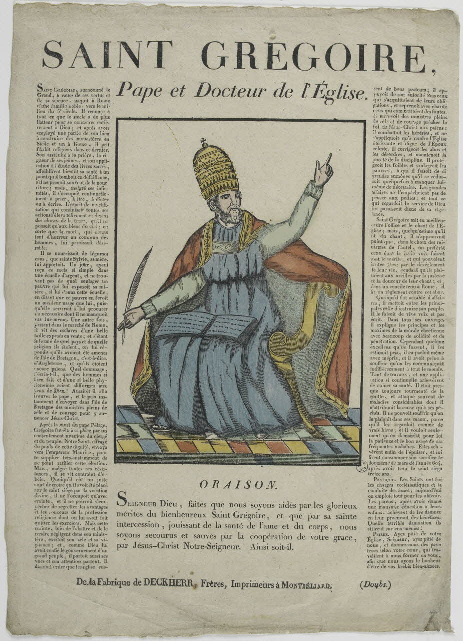 Théophile- Frédéric Deckherr ; Rodolphe Henri Deckherr imagerie ancienne SAINT GREGOIRE,  Pape et Docteur de l'Eglise. Montbéliard 1813-1837 1953.12.33 Photo RMN-Grand Palais (Mucem)