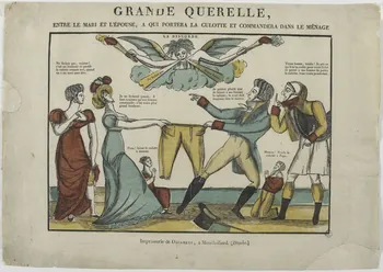 Théophile- Frédéric Deckherr ; Rodolphe Henri Deckherr imagerie ancienne GRANDE QUERELLE,  ENTRE LE MARI ET L'EPOUSE, A QUI PORTERA LA CULOTTE ET COMMANDERA DANS LE MENAGE Montbéliard 1813-1837 1951.30.23 Photo RMN-Grand Palais (Mucem)