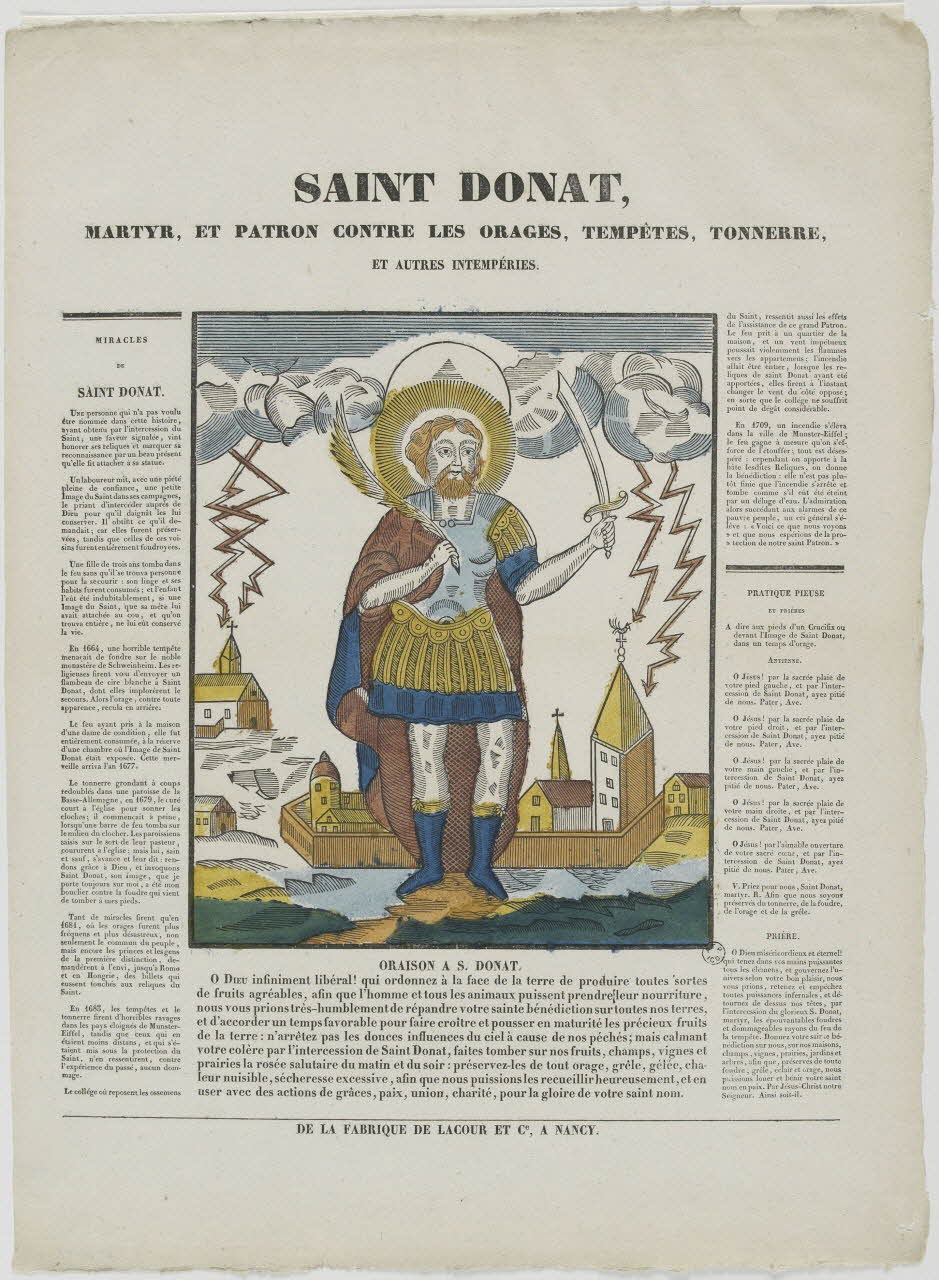 Hubert Jacques-Prosper-Stanislas,  Lacour Prosper (dit) imagerie ancienne SAINT DONAT,  MARTYR, ET PATRON CONTRE LES ORAGES, TEMPETES, TONNERRE,  ET AUTRES INTEMPERIES. Beauvais 1835 1965.75.22 Photo RMN-Grand Palais (Mucem)
