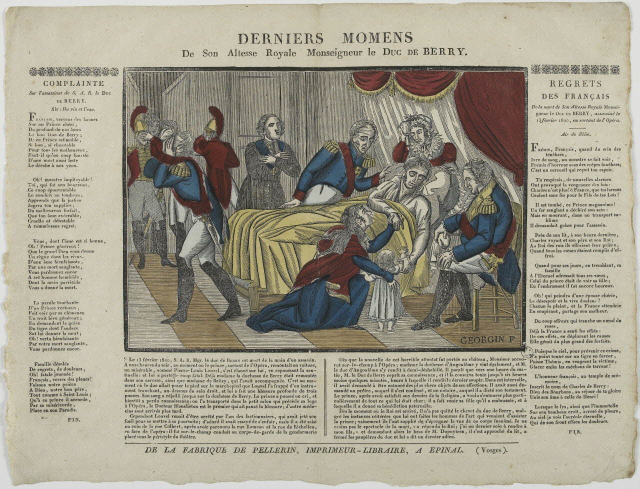 François Georgin ; Nicolas Pellerin ; Vadet Pierr imagerie ancienne DERNIERS MOMENS  De Son Altesse Royale Monseigneur le DUC DE BERRY. Lorraine, France 1822-1837 1965.75.301 Photo RMN-Grand Palais (Mucem)