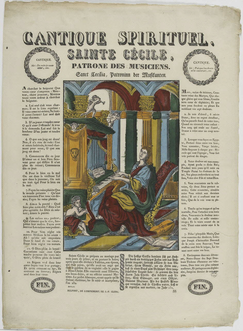 Boulay , Charles ; Jean-Pierre Clerc imagerie ancienne CANTIQUE SPIRITUEL.  SAINTE CECILE.  PATRONE DES MUSICIENS. Belfort 1830-1836 1965.75.39 Photo RMN-Grand Palais (Mucem)